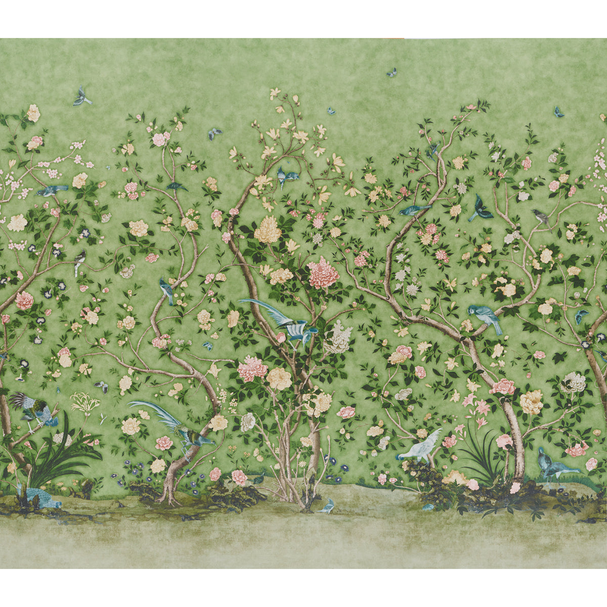Schumacher Les Oiseaux Panel Set Apple Green Wallpaper - Eade's Wallpaper