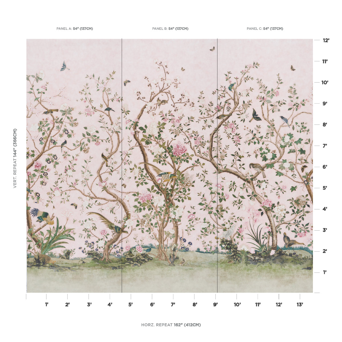 Schumacher Les Oiseaux Panel Set Blush Wallpaper - Eade's Wallpaper