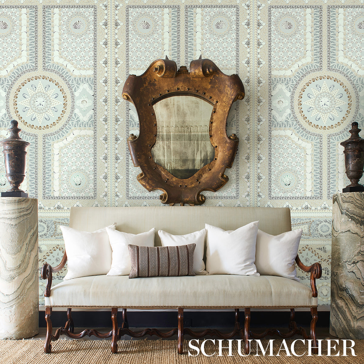 Schumacher Shell Grotto Panel A Seafoam Wallpaper