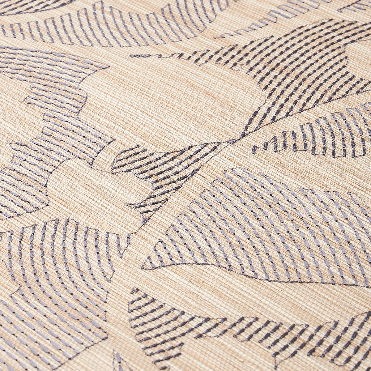 Schumacher Kantha Embroidered Flower Sisal Carbon Wallpaper