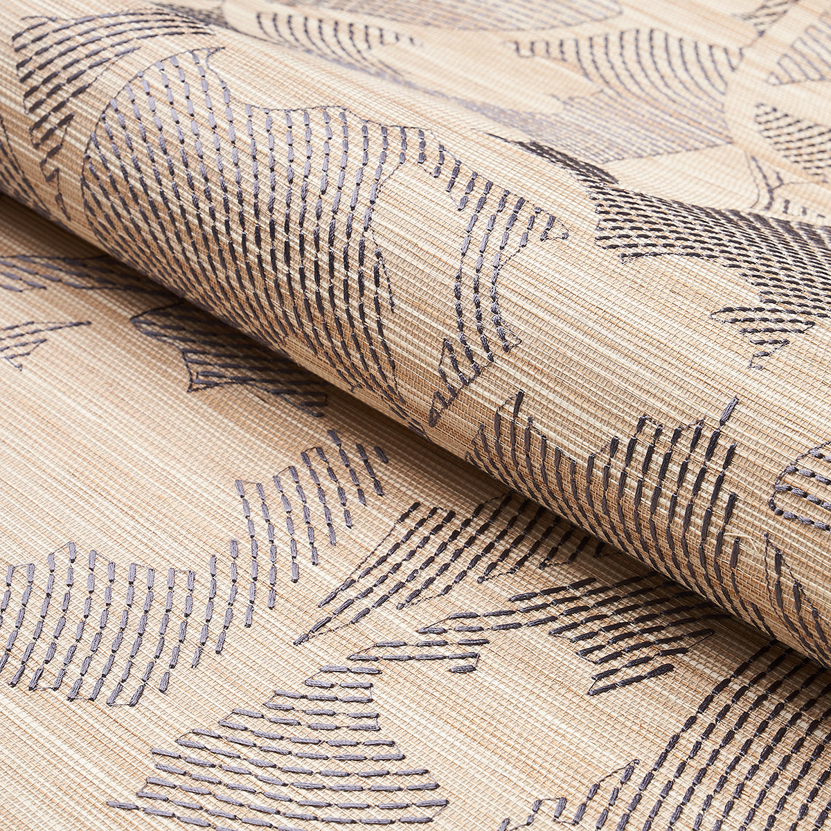 Schumacher Kantha Embroidered Flower Sisal Carbon Wallpaper