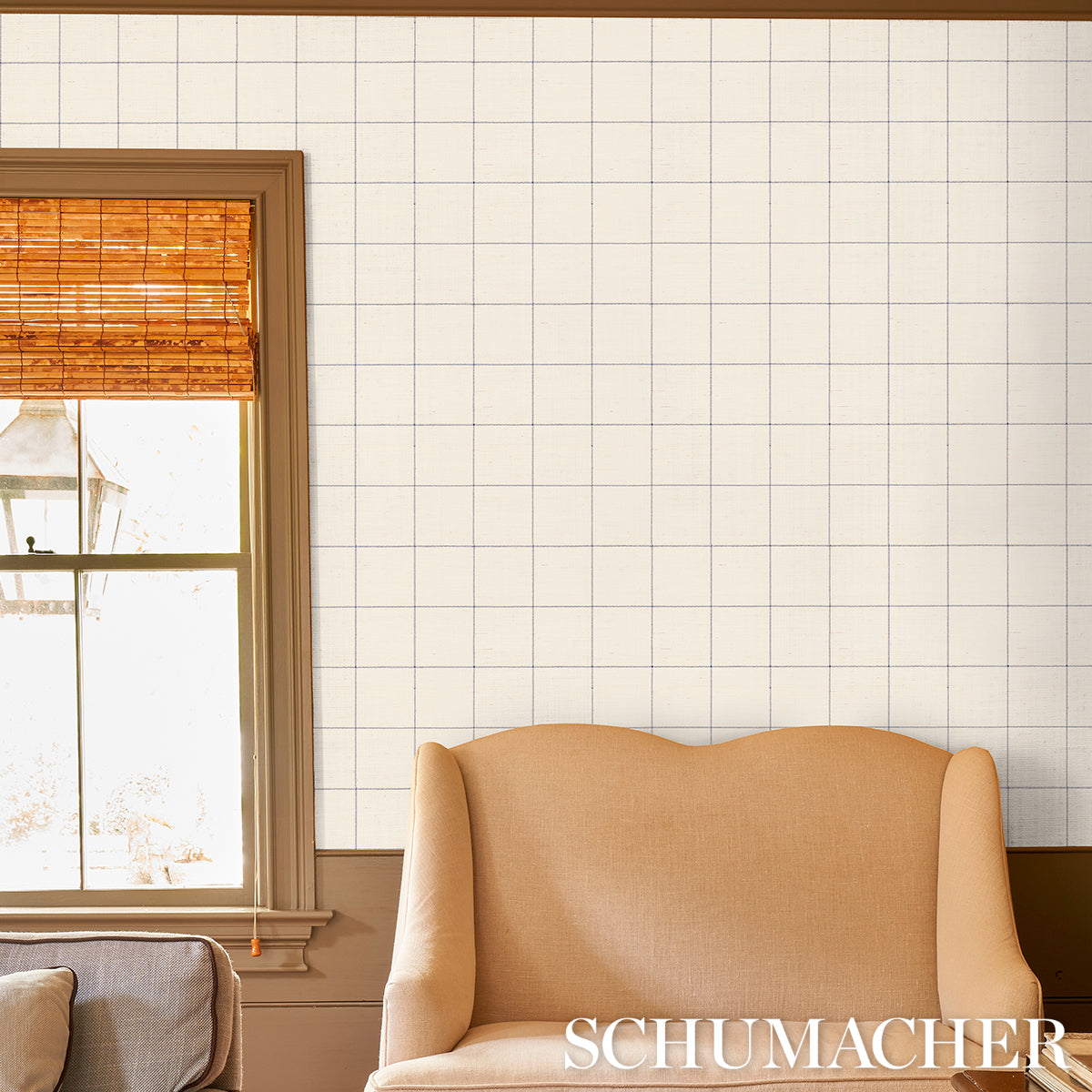 Schumacher Windowpane Embroidered Sisal Navy Wallpaper