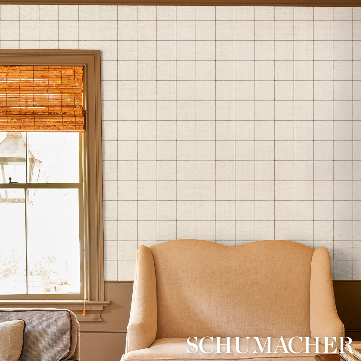 Schumacher Windowpane Embroidered Sisal Charcoal Wallpaper