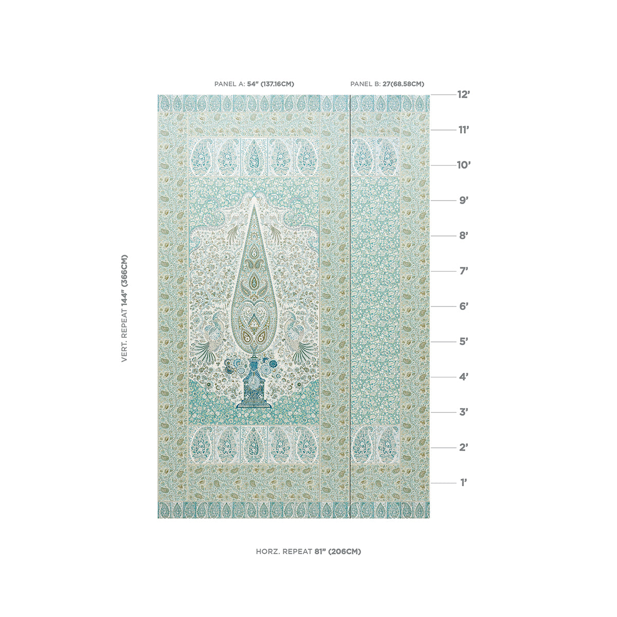 Schumacher Colmery Paisley Panel Set Peacock Wallpaper