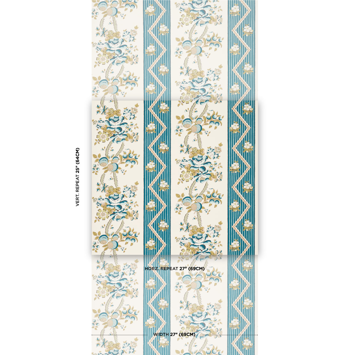 Schumacher Sylvain Floral Stripe Teal Wallpaper - Eade's Wallpaper