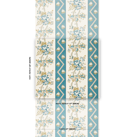 Schumacher Sylvain Floral Stripe Teal Wallpaper - Eade's Wallpaper