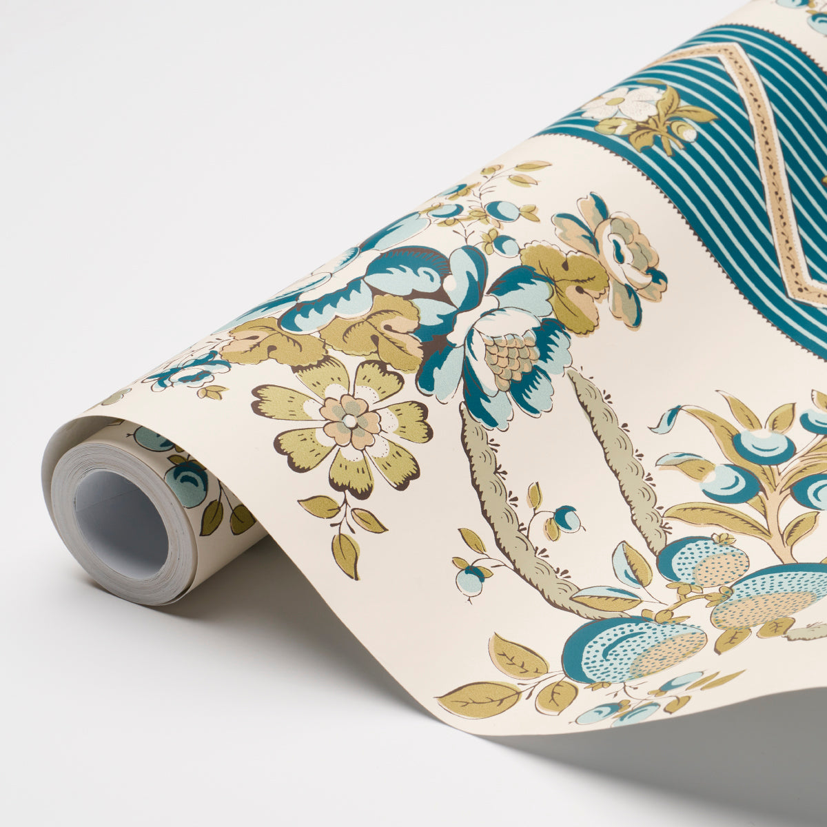 Schumacher Sylvain Floral Stripe Teal Wallpaper - Eade's Wallpaper