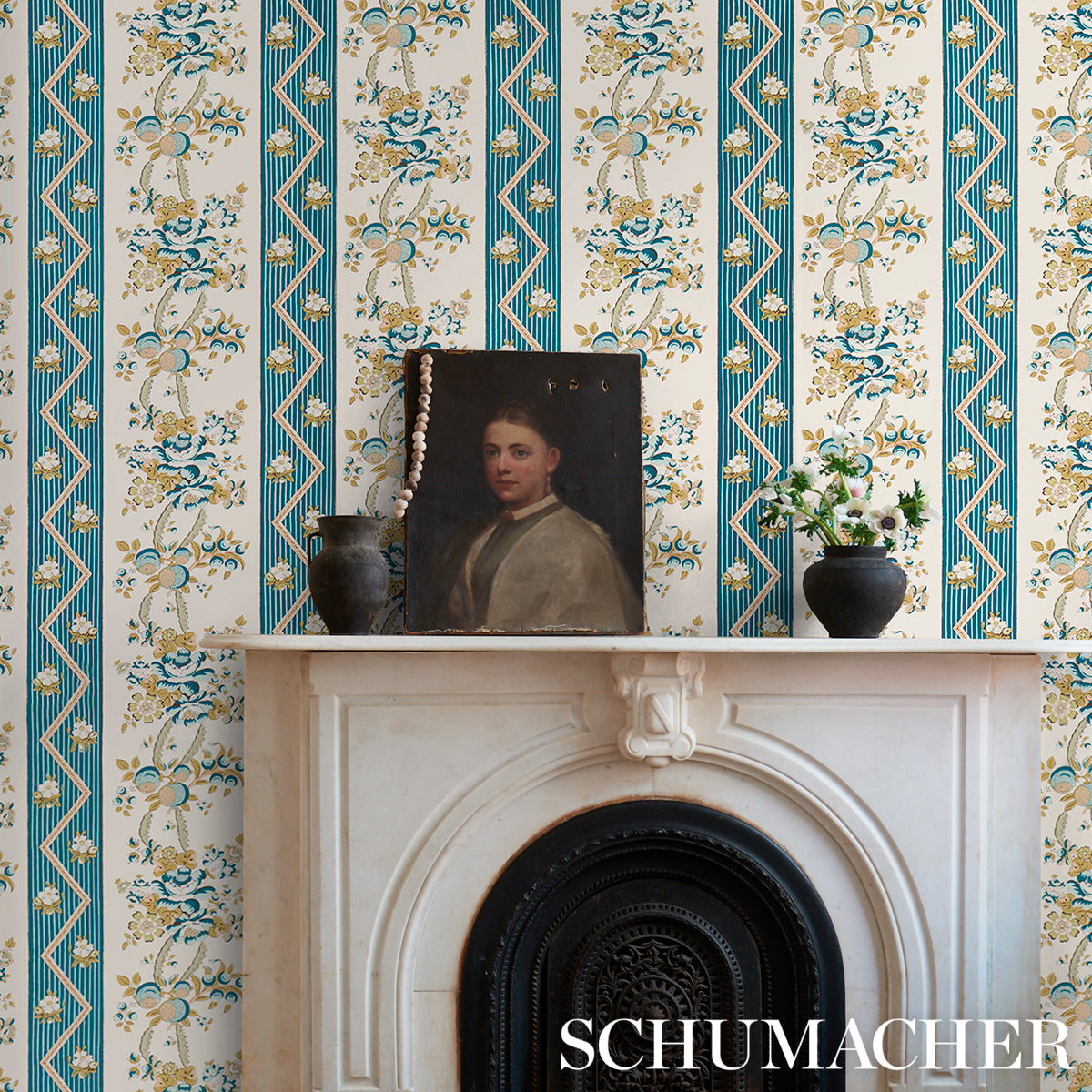 Schumacher Sylvain Floral Stripe Teal Wallpaper - Eade's Wallpaper