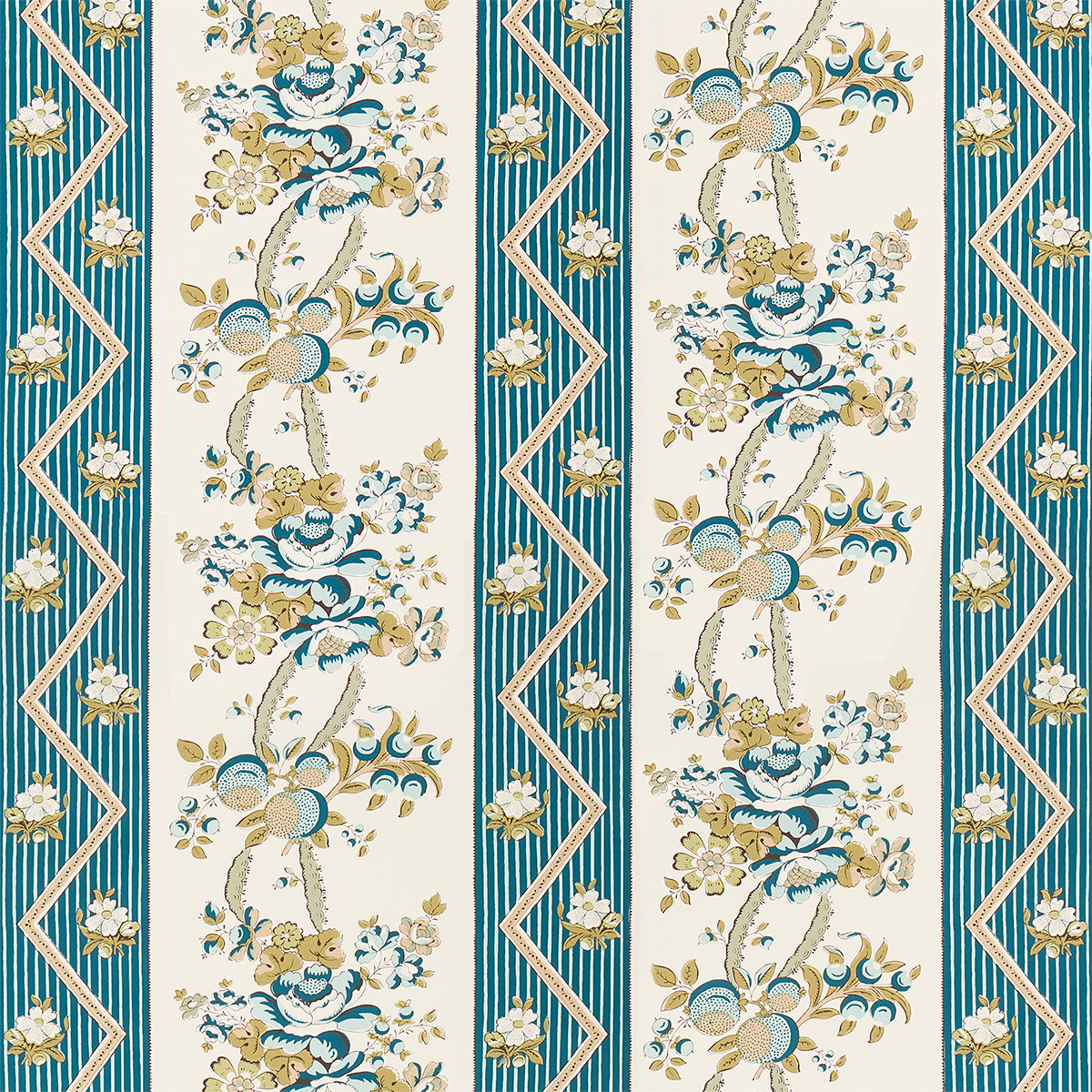 Schumacher Sylvain Floral Stripe Teal Wallpaper - Eade's Wallpaper