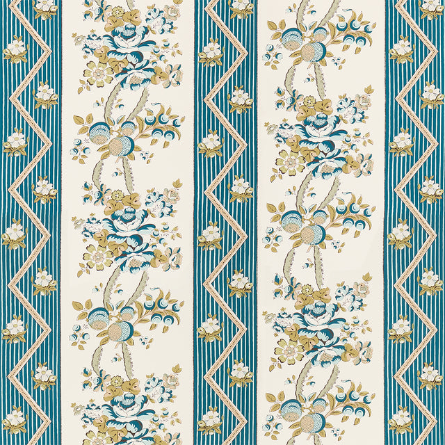 Schumacher Sylvain Floral Stripe Teal Wallpaper - Eade's Wallpaper