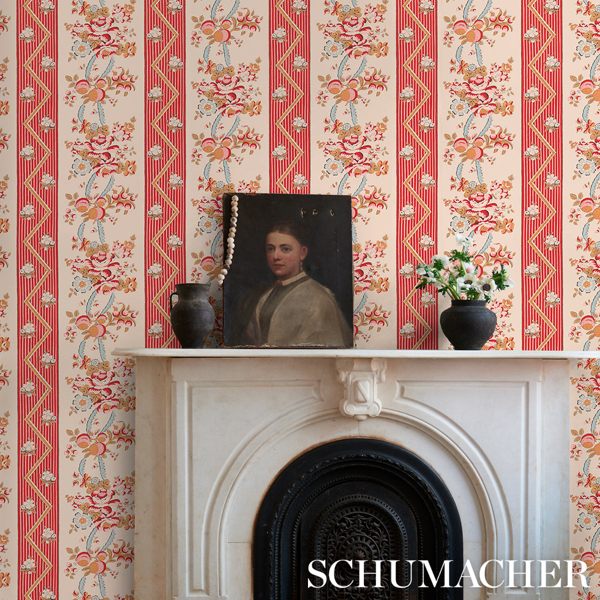 Schumacher Sylvain Floral Stripe Rouge Wallpaper - Eade's Wallpaper