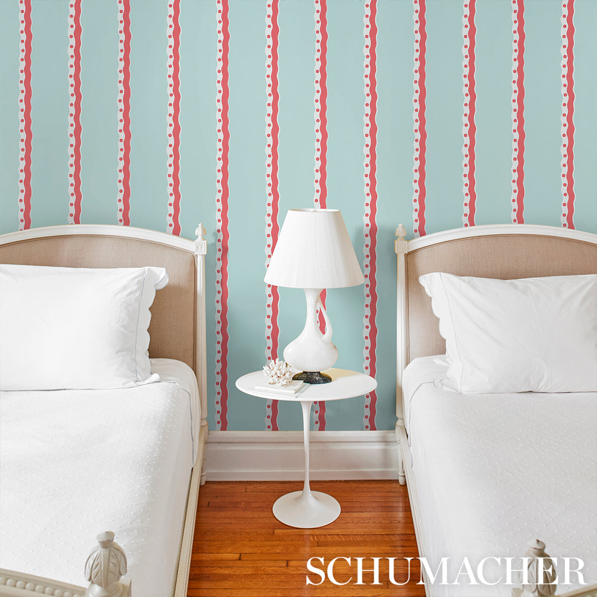Schumacher Rousseau Stripe Rouge & Sky Wallpaper - Eade's Wallpaper