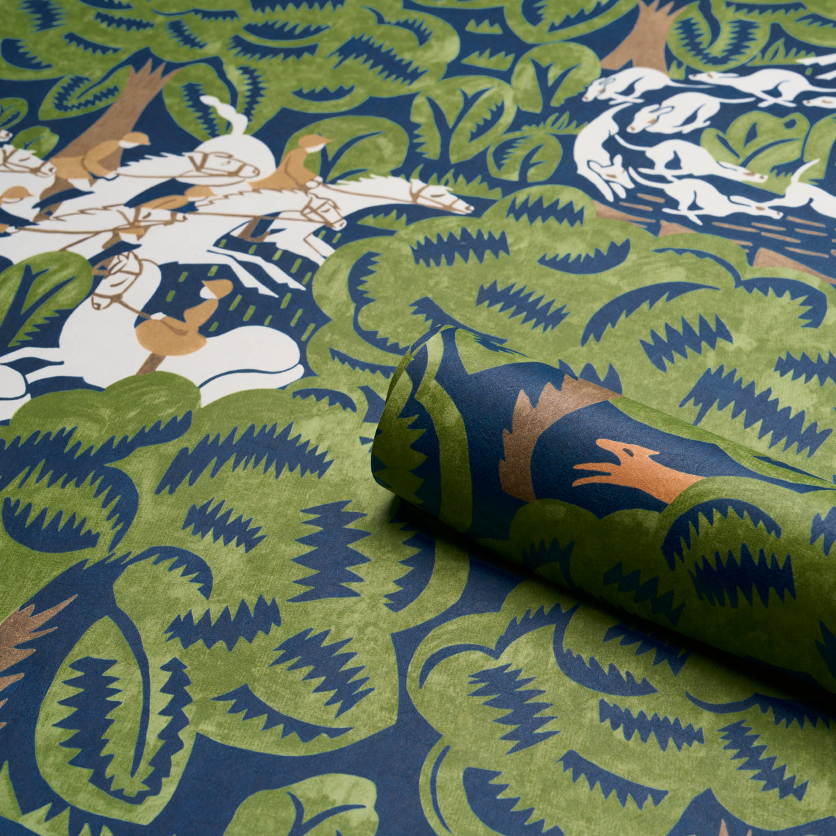 Schumacher Margaret Schloeman'S Fox Chase Navy & Green Wallpaper - Eade's Wallpaper