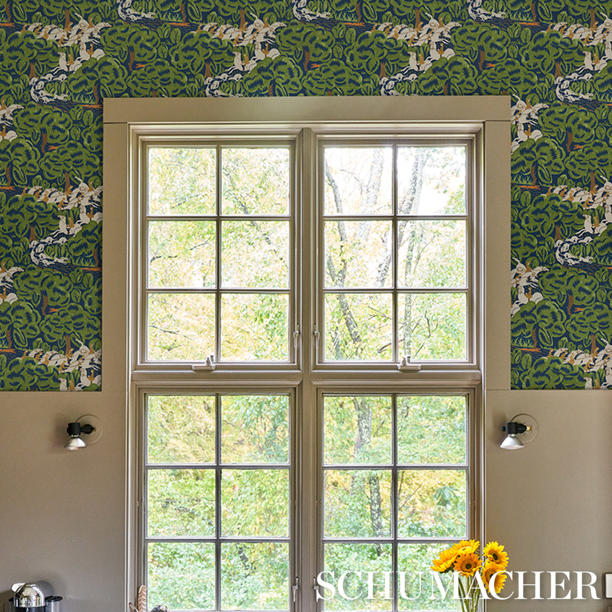 Schumacher Margaret Schloeman'S Fox Chase Navy & Green Wallpaper - Eade's Wallpaper