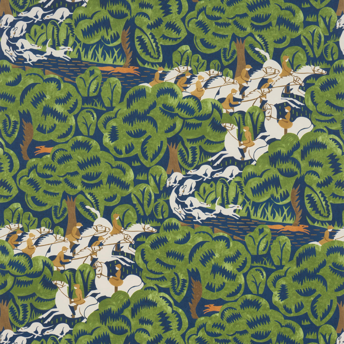 Schumacher Margaret Schloeman'S Fox Chase Navy & Green Wallpaper - Eade's Wallpaper