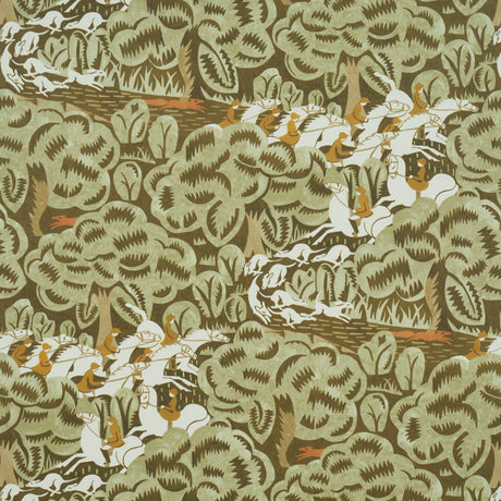 Schumacher Margaret Schloeman'S Fox Chase Sage & Soft Brown Wallpaper - Eade's Wallpaper