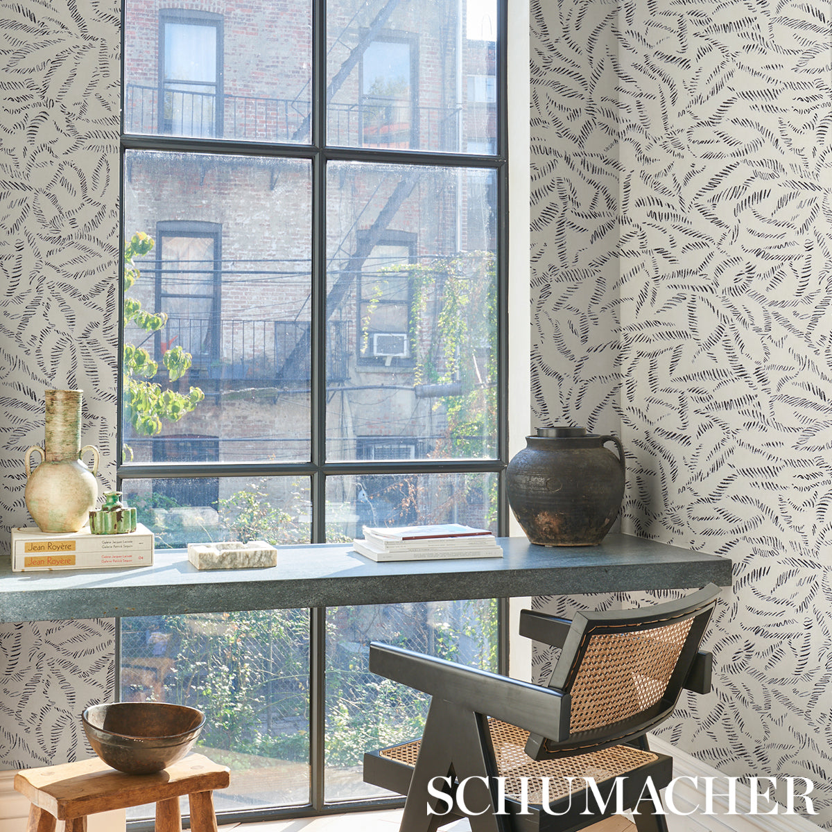 Schumacher Leaf Bloom Charcoal Wallpaper - Eade's Wallpaper