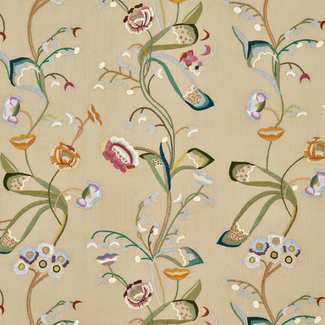 Schumacher Vanessa Embroidery Chamois/Multi Fabric - Eade's Wallpaper