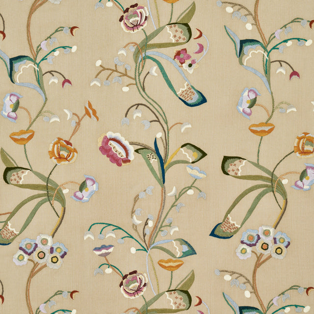 Schumacher Vanessa Embroidery Chamois/Multi Fabric - Eade's Wallpaper