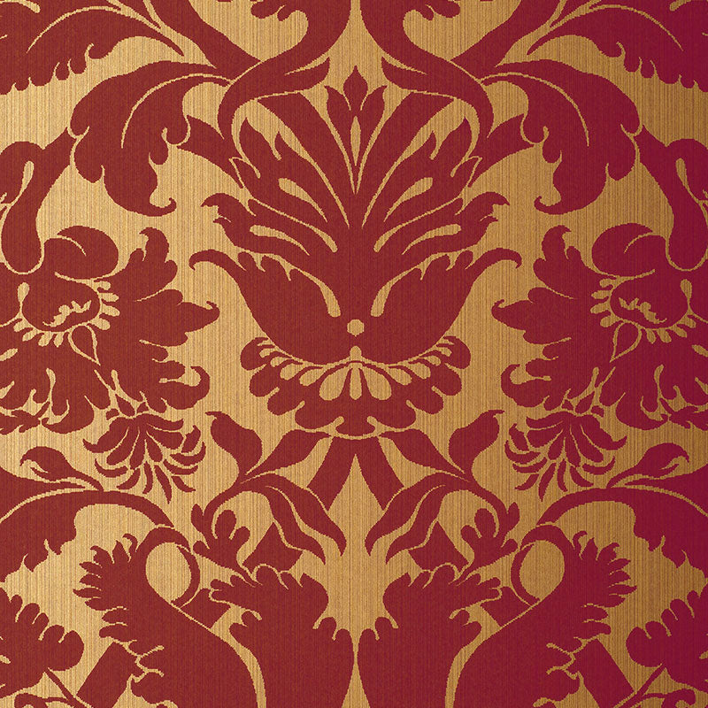 Schumacher Fiorella Damask Red On Gold Wallpaper
