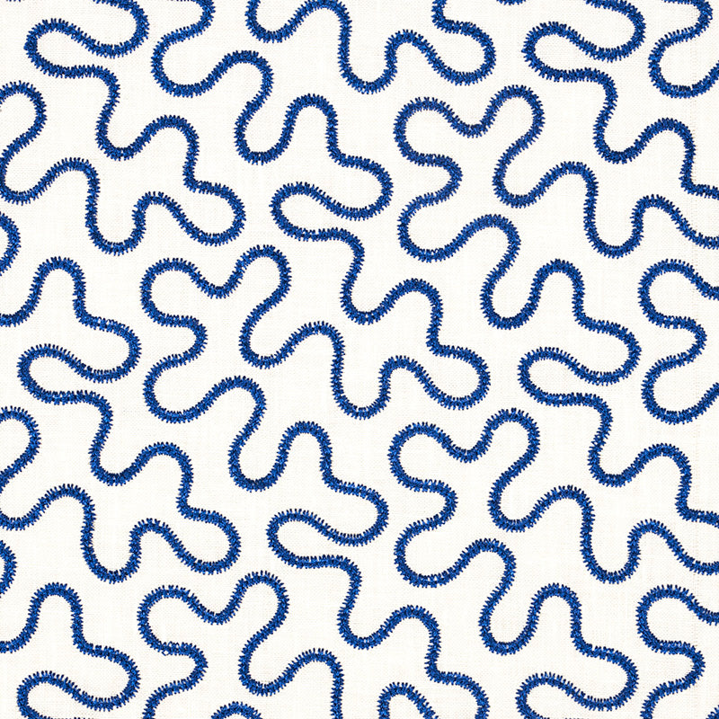 Schumacher Meander Embroidery Blue On Ivory Fabric - Eade's Wallpaper