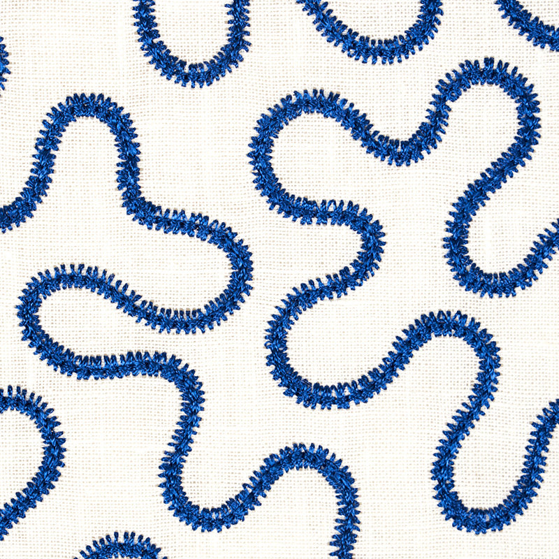 Schumacher Meander Embroidery Blue On Ivory Fabric - Eade's Wallpaper