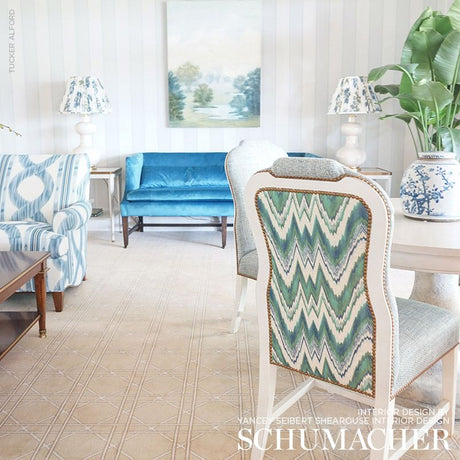 Schumacher Valkyrie Flame Stitch Emerald & Peacock Fabric - Eade's Wallpaper