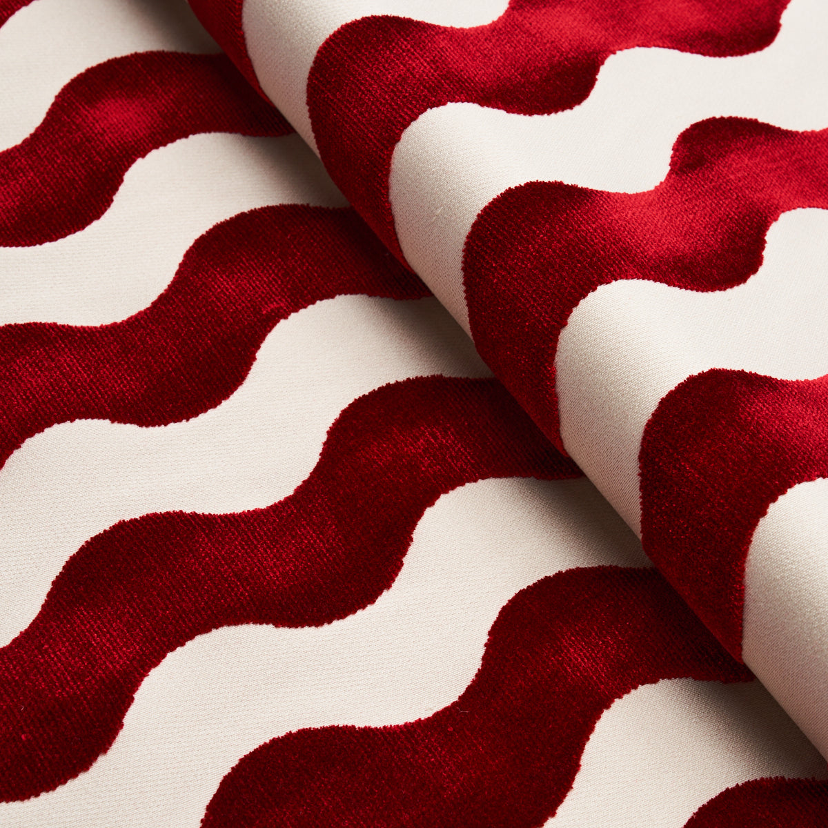 Schumacher The Wave Velvet Red Fabric - Eade's Wallpaper