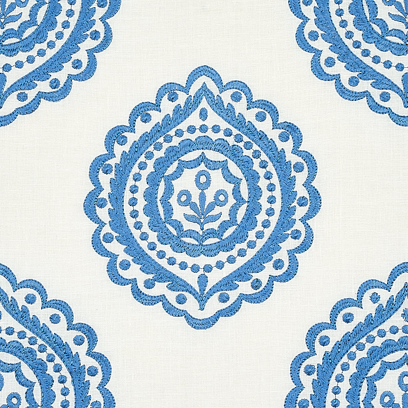 Schumacher Olana Linen Embroidery Blue Fabric - Eade's Wallpaper