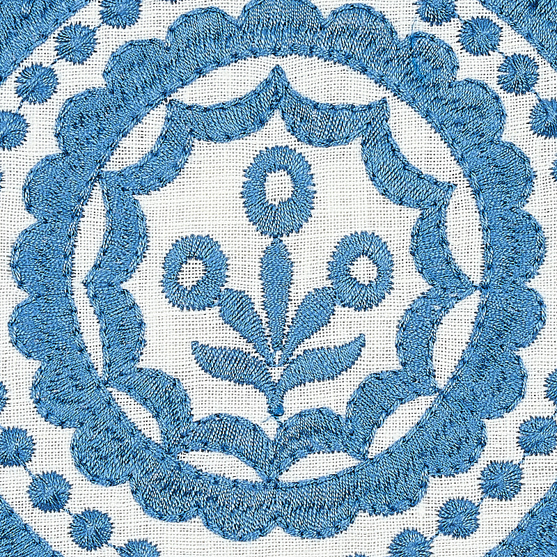 Schumacher Olana Linen Embroidery Blue Fabric - Eade's Wallpaper