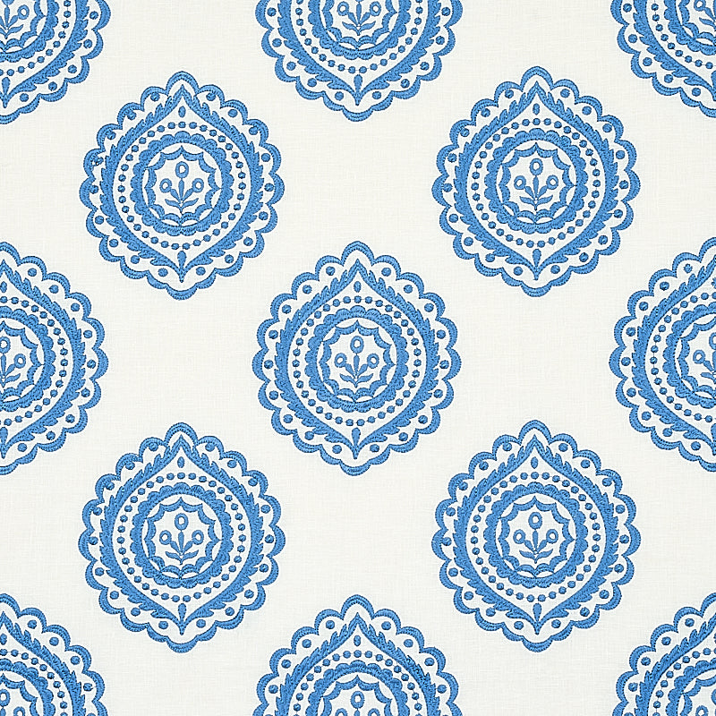 Schumacher Olana Linen Embroidery Blue Fabric - Eade's Wallpaper