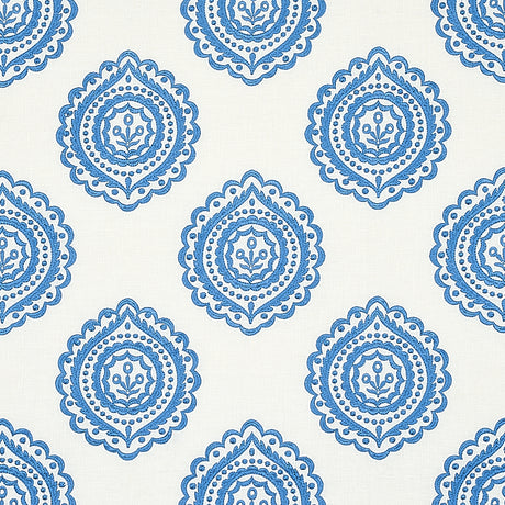 Schumacher Olana Linen Embroidery Blue Fabric - Eade's Wallpaper
