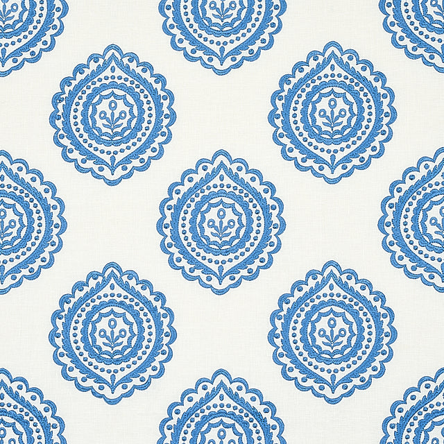 Schumacher Olana Linen Embroidery Blue Fabric - Eade's Wallpaper