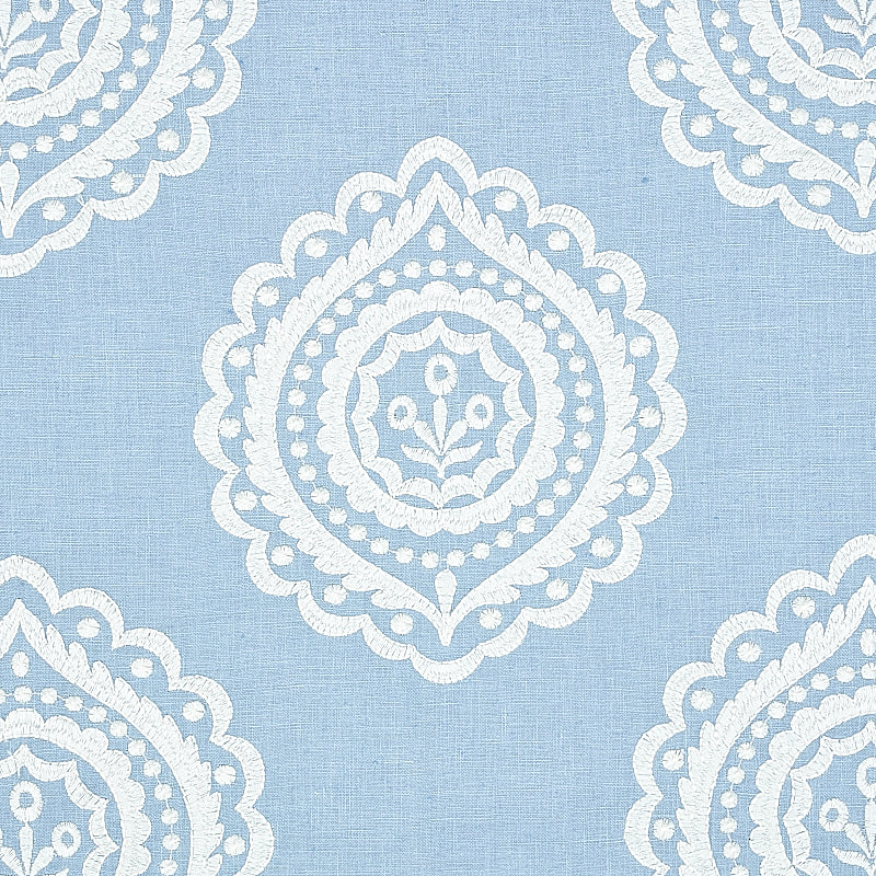 Schumacher Olana Linen Embroidery Sky Fabric - Eade's Wallpaper