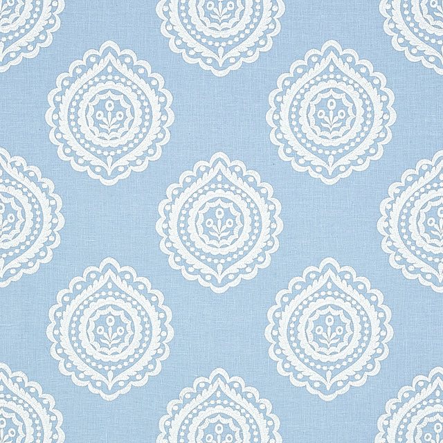 Schumacher Olana Linen Embroidery Sky Fabric - Eade's Wallpaper