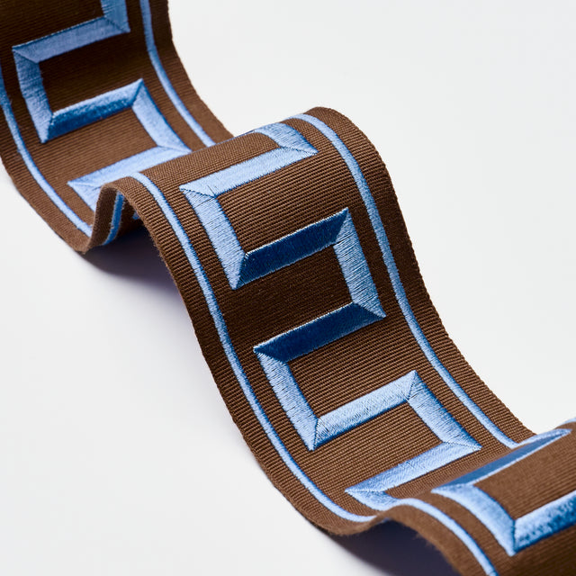 Schumacher 70807 GREEK KEY EMBROIDERED TAPE in BLUE ON BROWN