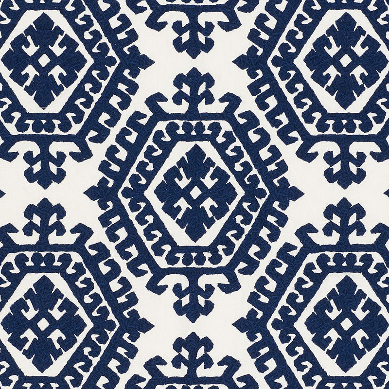 Schumacher Omar Embroidery Navy Fabric - Eade's Wallpaper