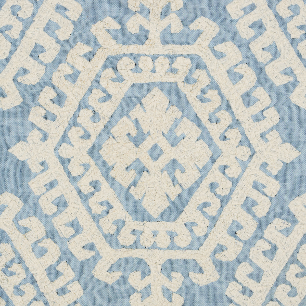 Schumacher Omar Embroidery Sky Fabric - Eade's Wallpaper