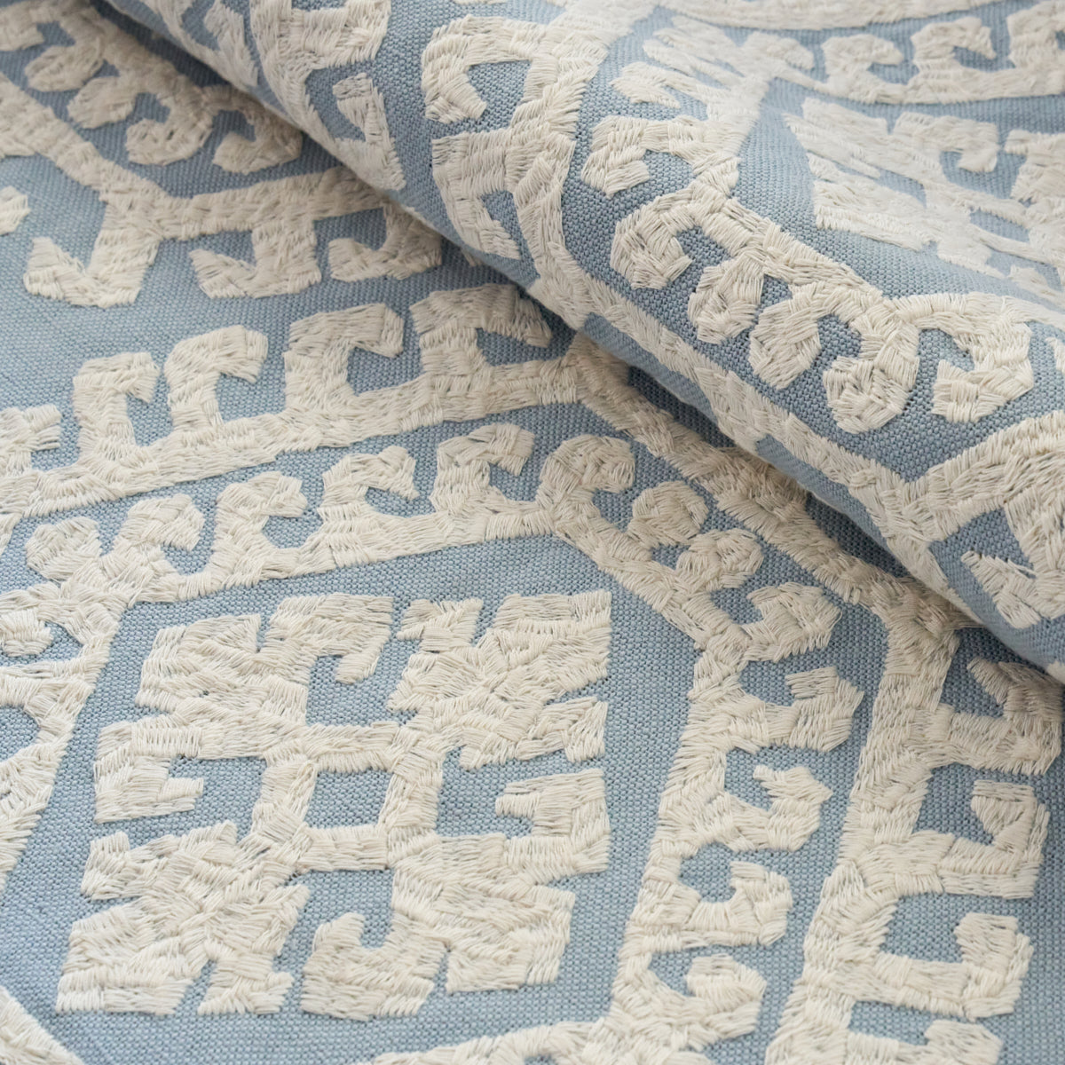 Schumacher Omar Embroidery Sky Fabric - Eade's Wallpaper