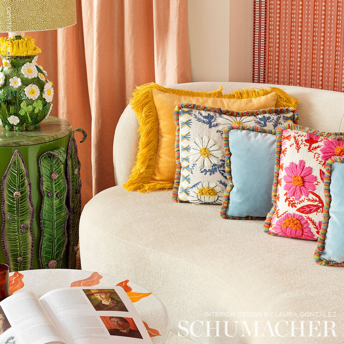 Schumacher Marguerite Embroidery Blossom Fabric - Eade's Wallpaper