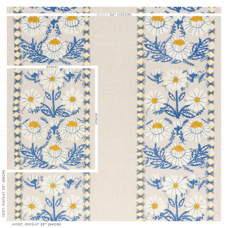 Schumacher Marguerite Embroidery Blue & Ochre Fabric - Eade's Wallpaper