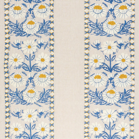 Schumacher Marguerite Embroidery Blue & Ochre Fabric - Eade's Wallpaper