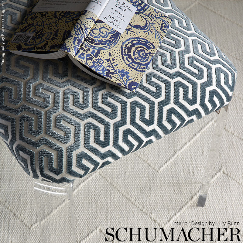 Schumacher Ming Fret Velvet Mineral Fabric - Eade's Wallpaper