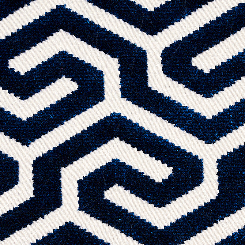 Schumacher Ming Fret Velvet Navy Fabric - Eade's Wallpaper