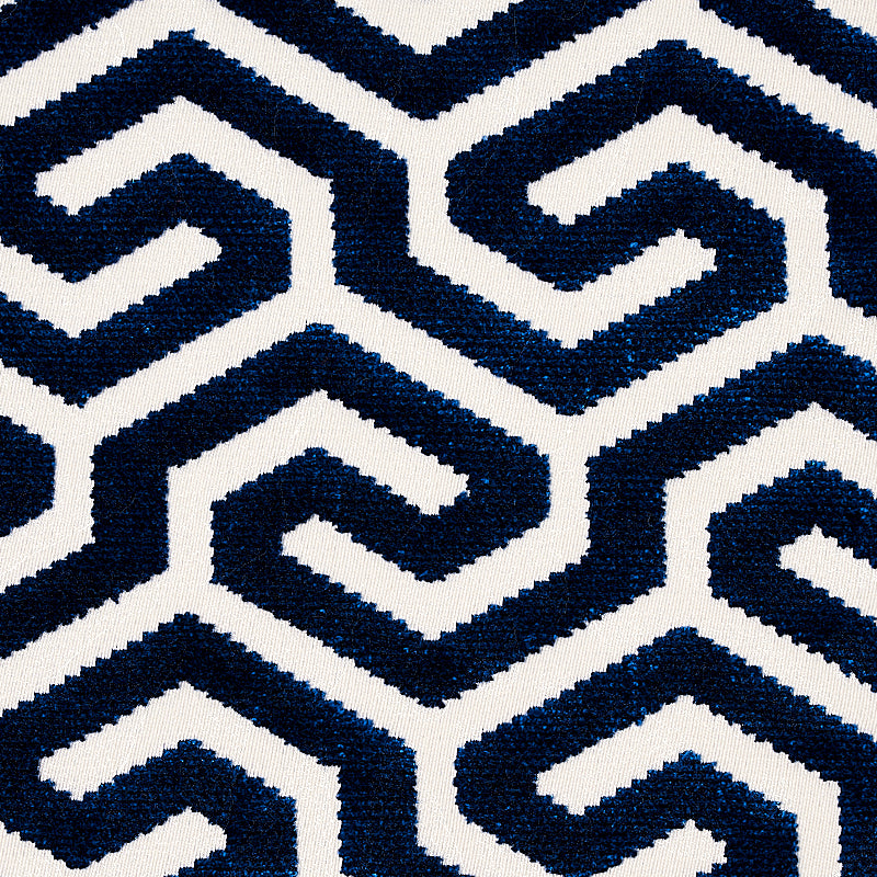 Schumacher Ming Fret Velvet Navy Fabric - Eade's Wallpaper