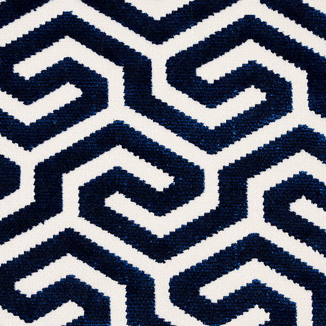 Schumacher Ming Fret Velvet Navy Fabric - Eade's Wallpaper