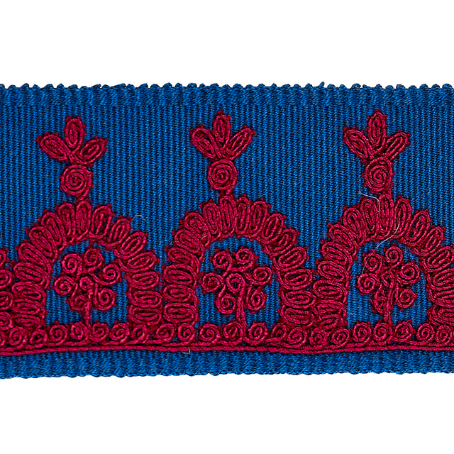 Schumacher 74156 Noelia Embroidered Tape in RED ON BLUE Trim