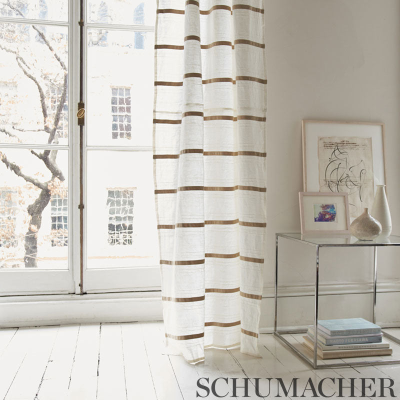 Schumacher 75762 STRIPE APPLIQUÃ‰ SHEER in TAN Fabric - NATU