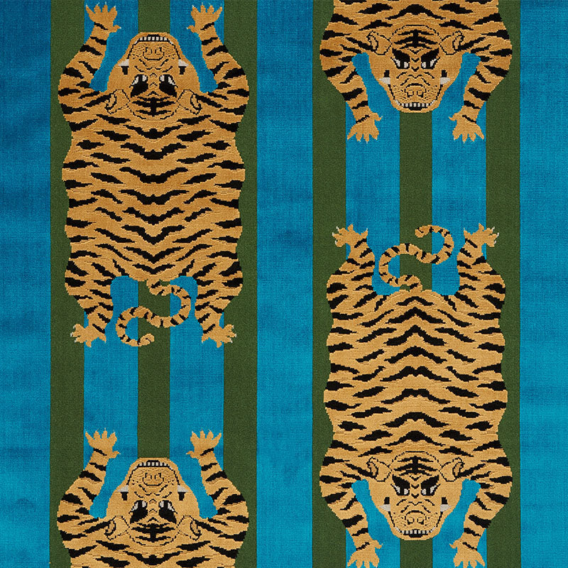 Schumacher Jokhang Tiger Velvet Peacock & Olive Fabric