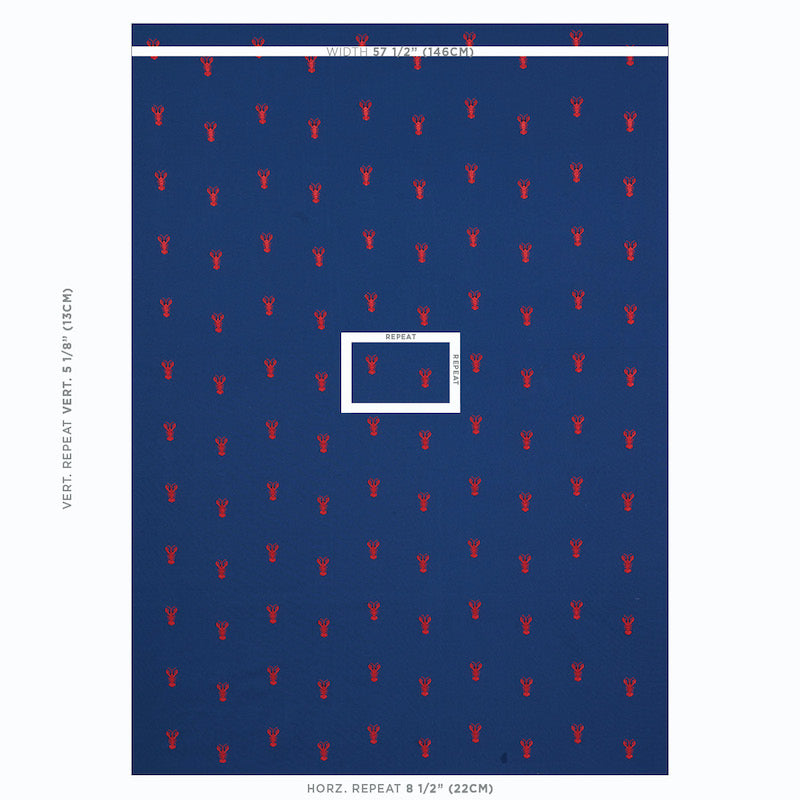 Schumacher Lobster Embroidery Navy Fabric - Eade's Wallpaper